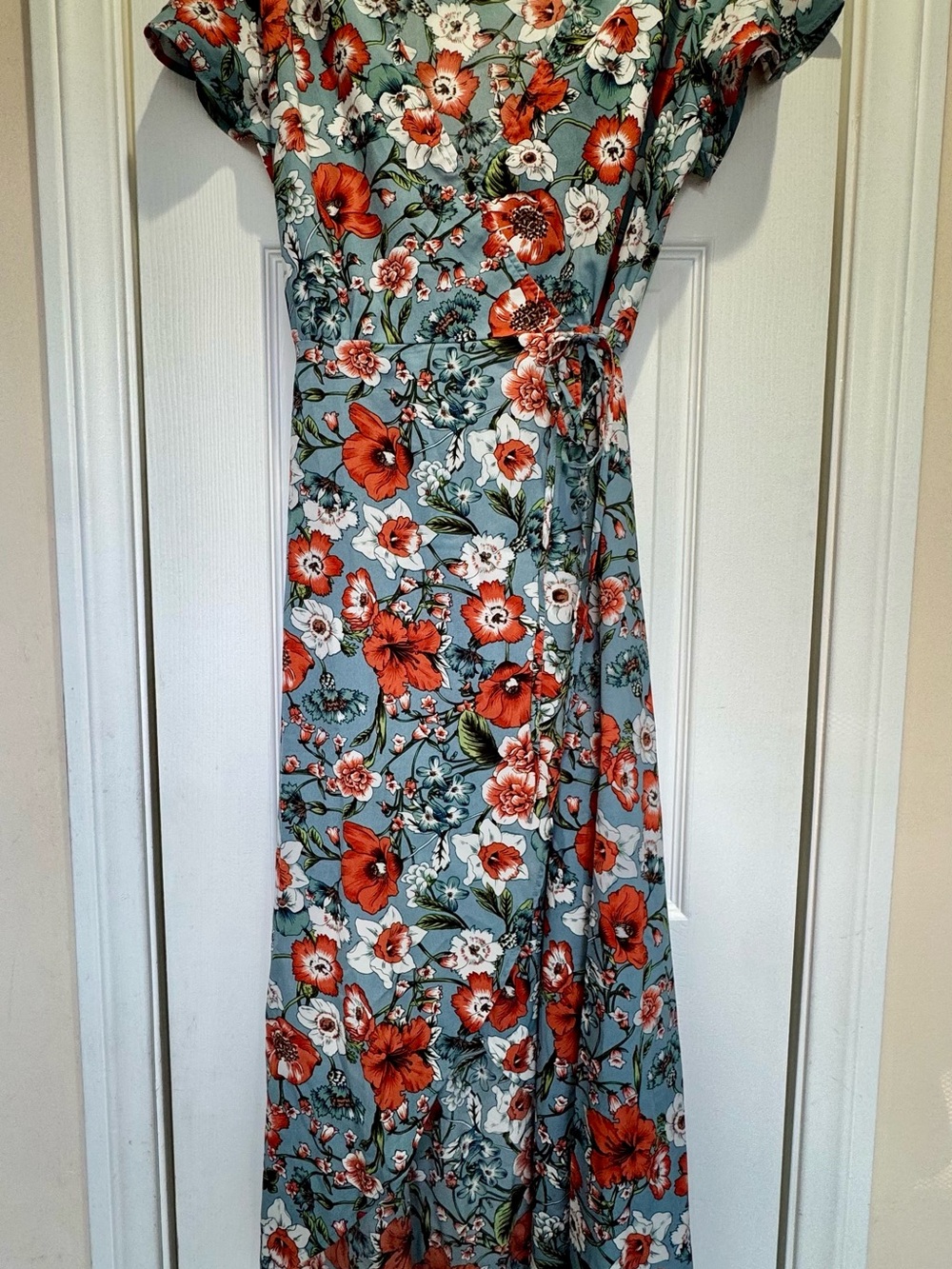 Sage the Label Blue Maxi Wrap Low V Neck Around Dress White Red Orange Floral